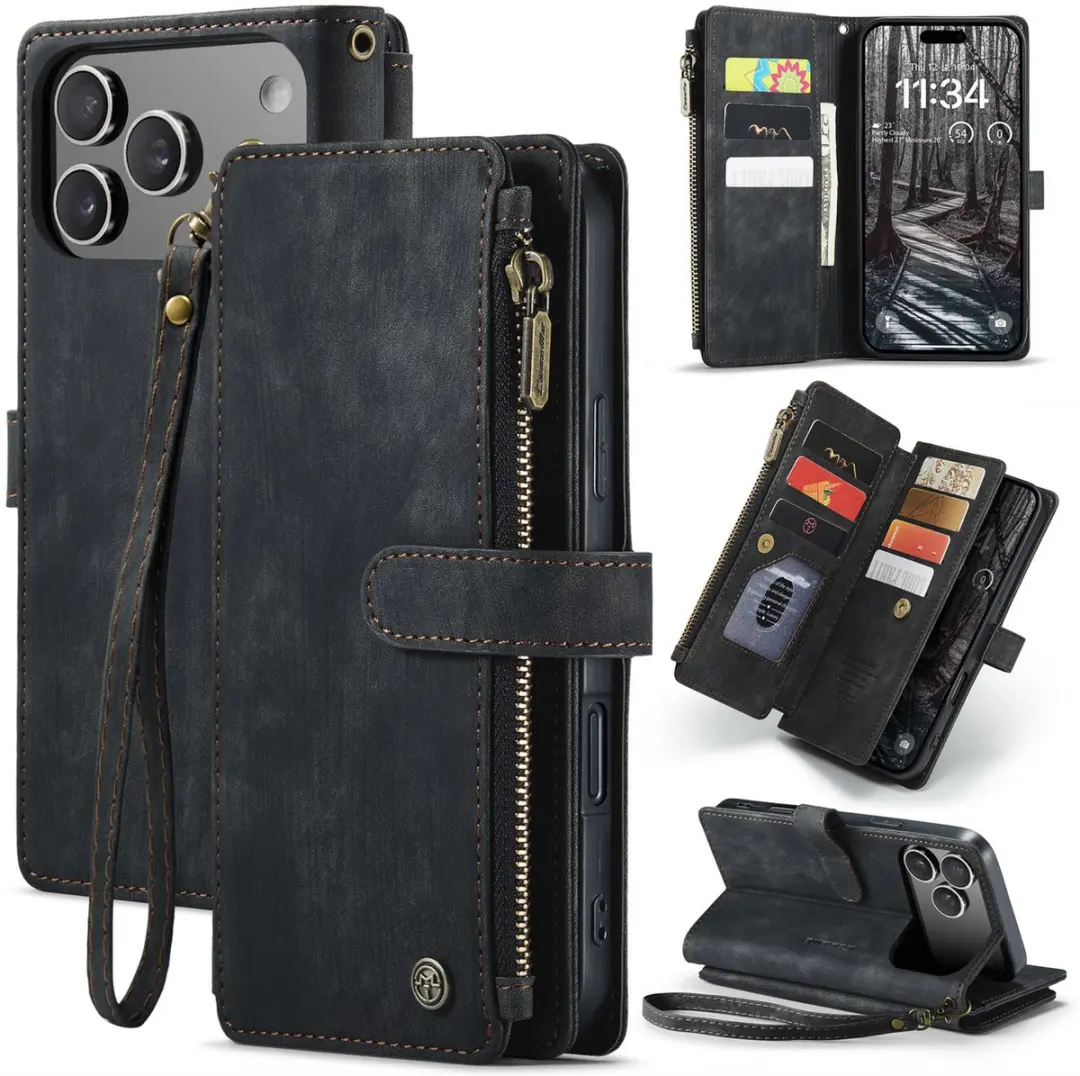 Caseme Wallet Rits Book Case iPhone 17 Pro Max - PU Leer - 10 Pasjes - Zwart