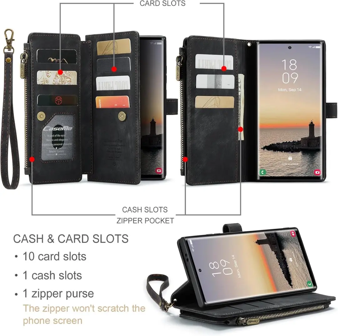 Caseme Wallet Rits Book Case Samsung Galaxy S24 Ultra - PU Leer - 10 Pasjes - Zwart