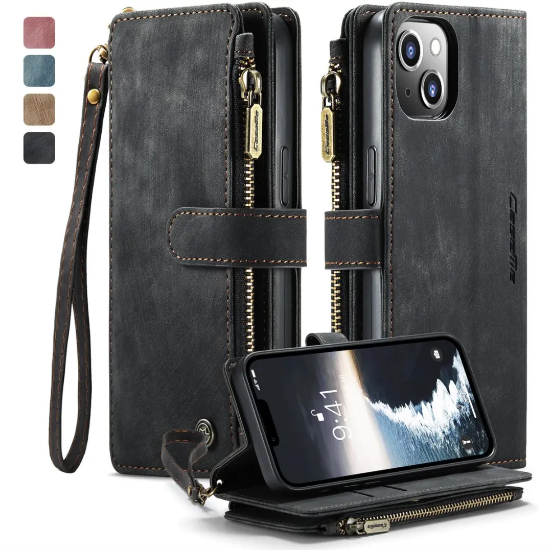 Caseme iPhone 15 Wallet Rits Book Case - PU Leer - 10 Pasjes - Zwart
