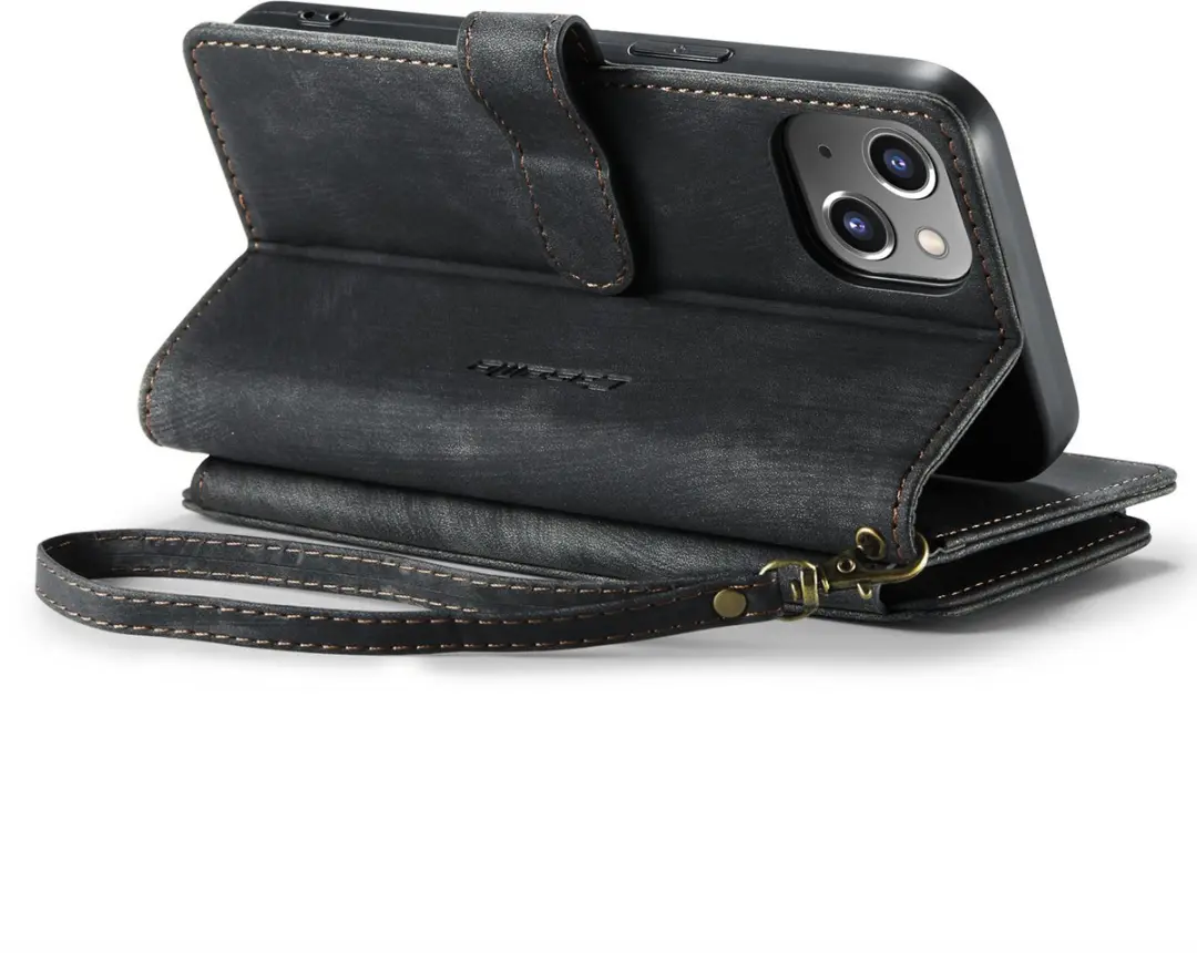 Caseme iPhone 15 Wallet Rits Book Case - PU Leer - 10 Pasjes - Zwart