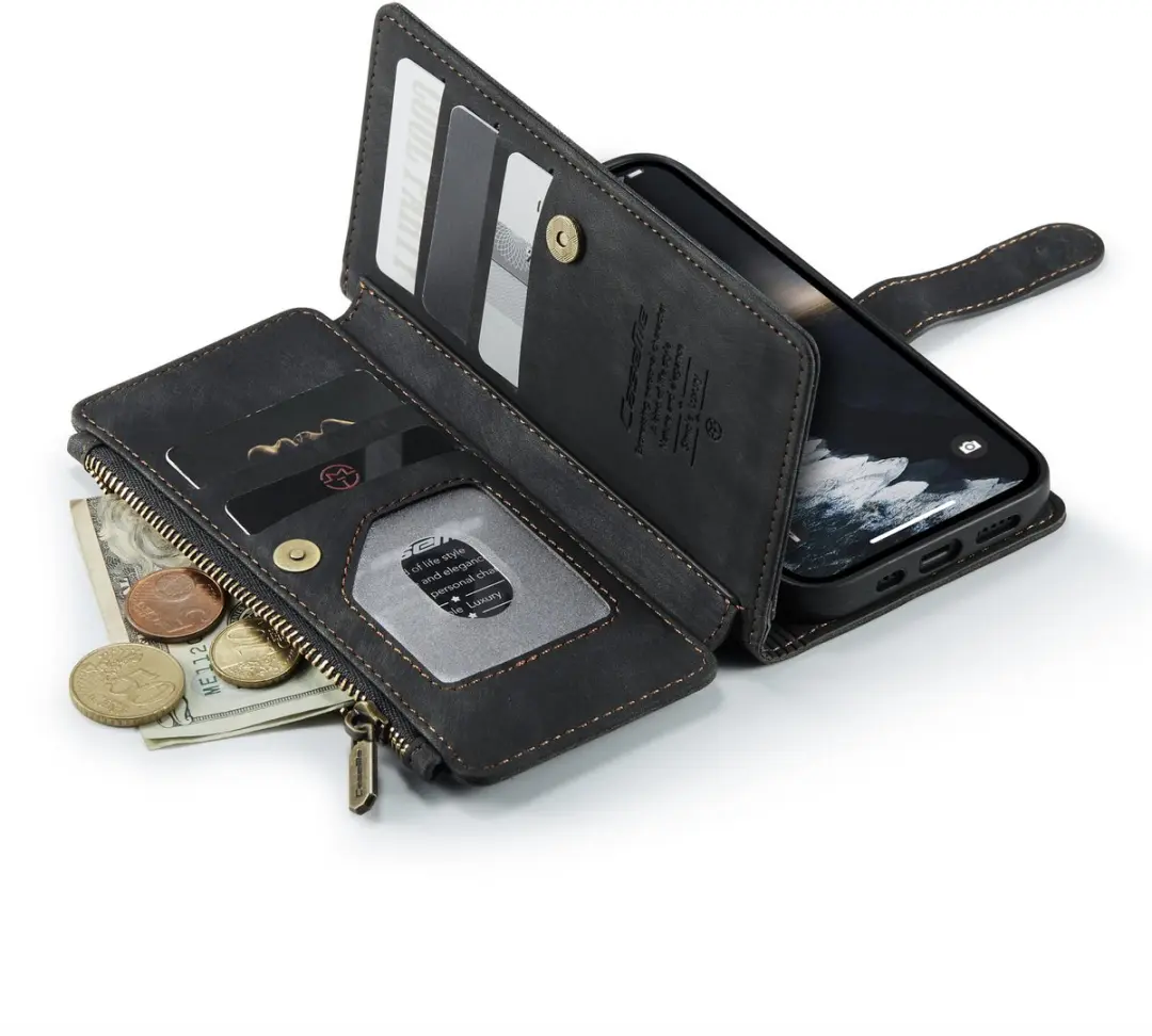 Caseme iPhone 15 Wallet Rits Book Case - PU Leer - 10 Pasjes - Zwart