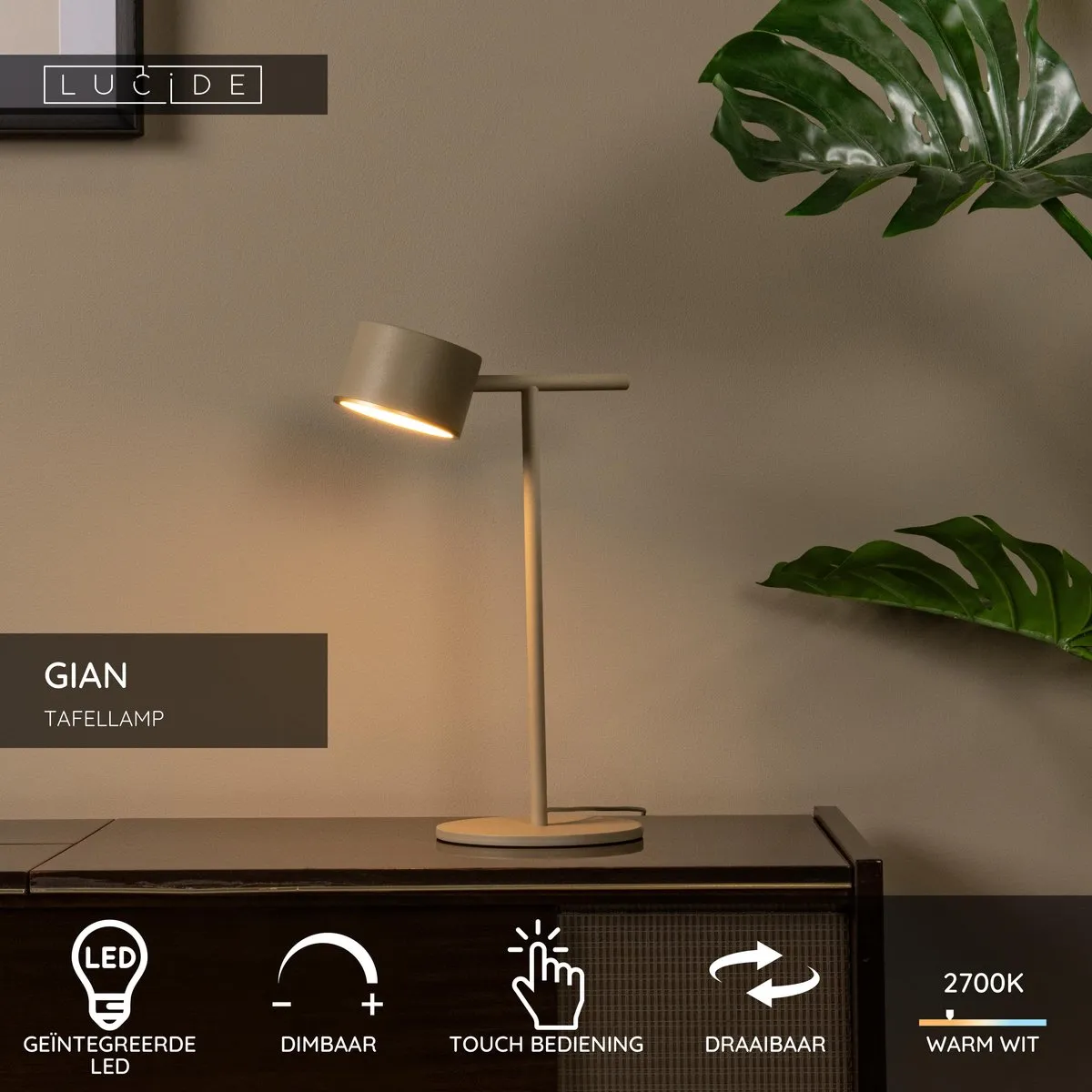 Lucide GIAN LED Tafellamp 9W 2700K - Taupe