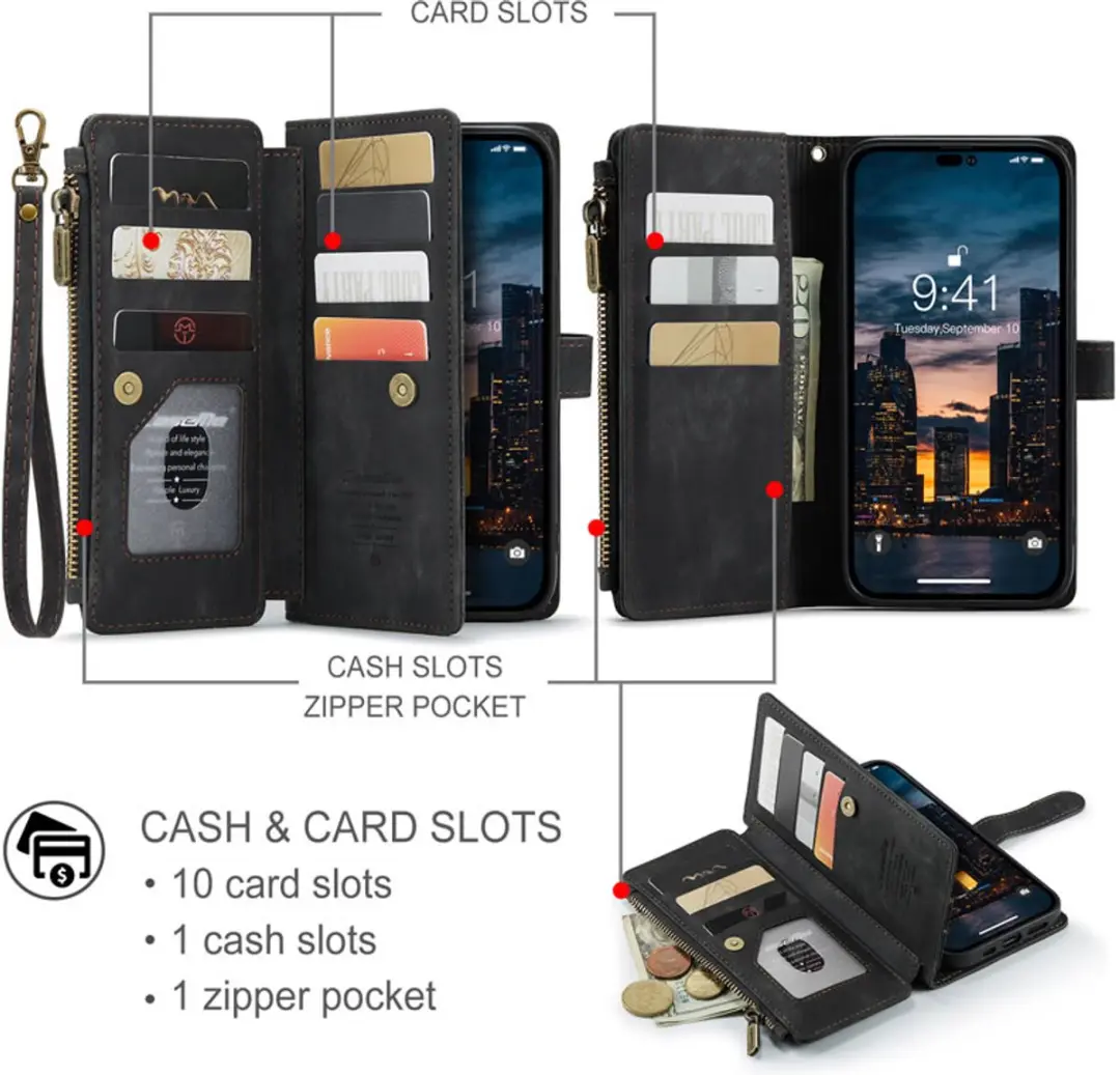 Caseme iPhone 14 Pro Max Wallet Rits Book Case - PU Leer - Zwart