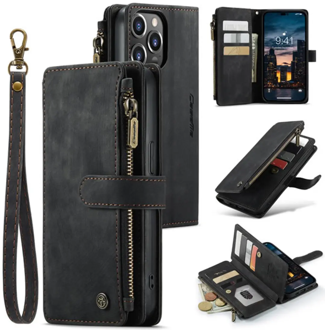Caseme iPhone 14 Pro Max Wallet Rits Book Case - PU Leer - Zwart