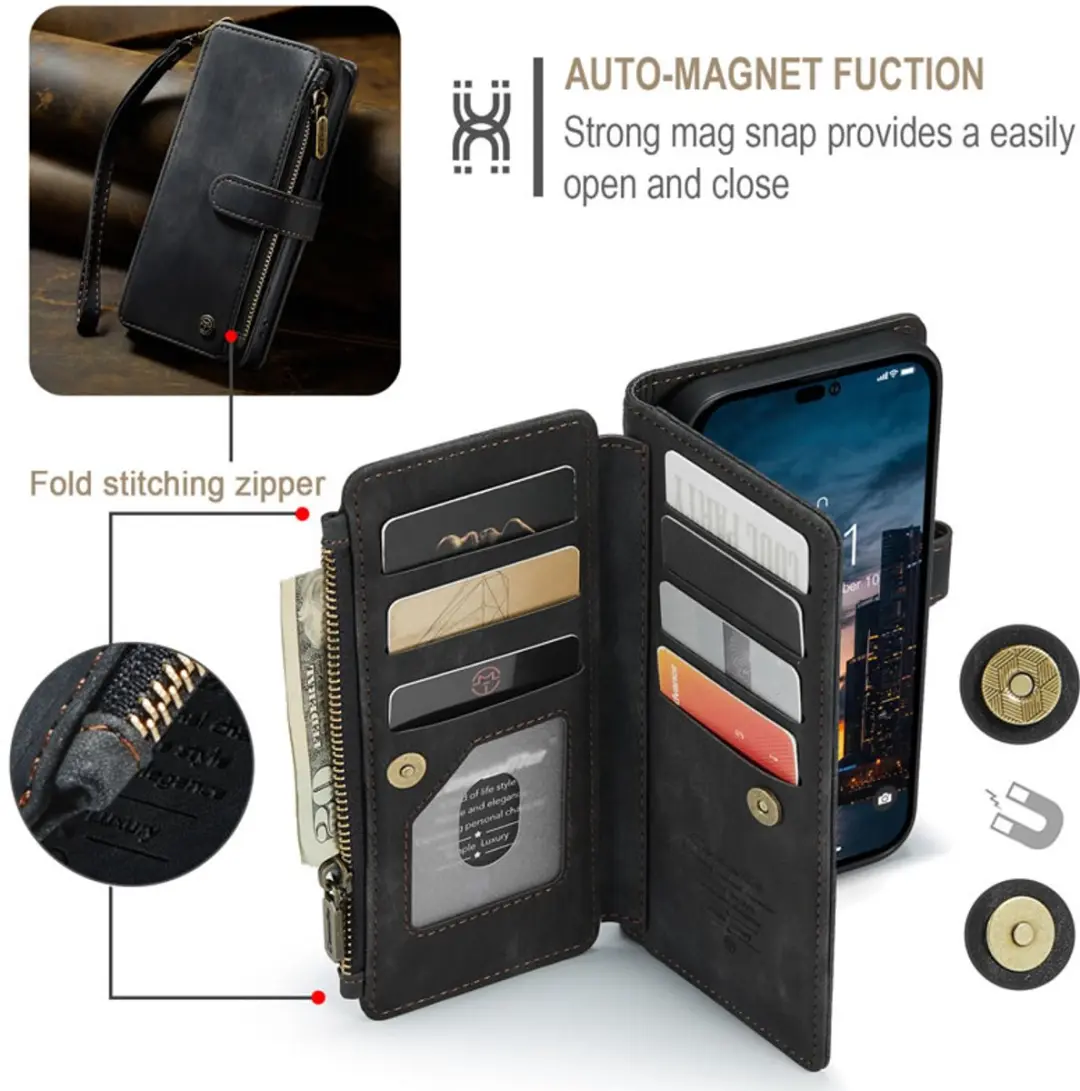 Caseme iPhone 14 Pro Max Wallet Rits Book Case - PU Leer - Zwart