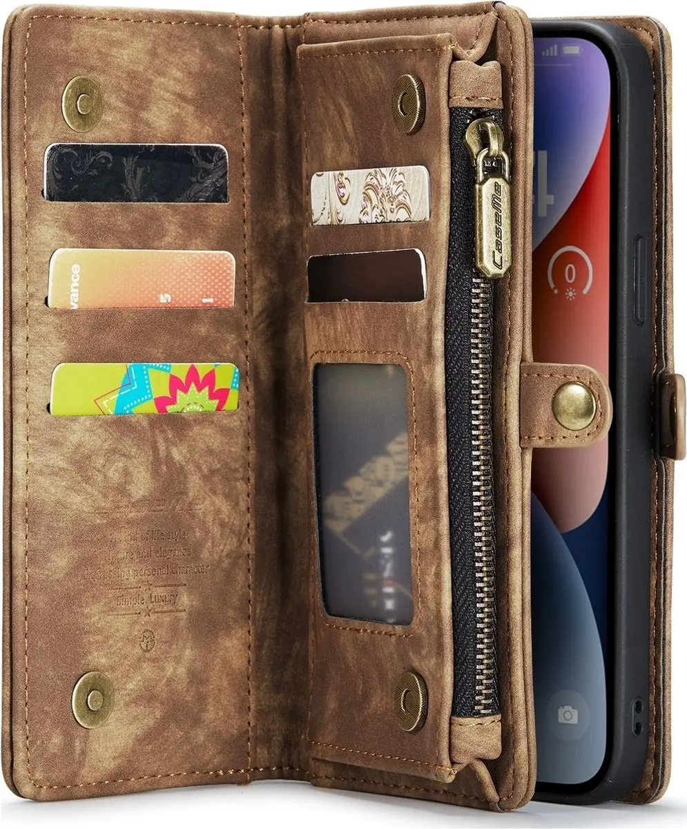 CaseMe iPhone 15 Wallet Rits Book Case - PU Leer Cognac - 8 Pasjes