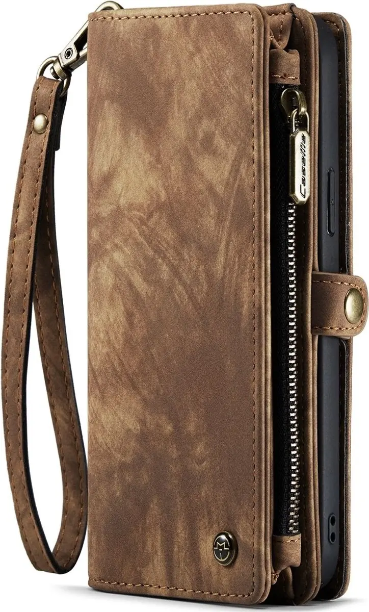 CaseMe iPhone 15 Wallet Rits Book Case - PU Leer Cognac - 8 Pasjes