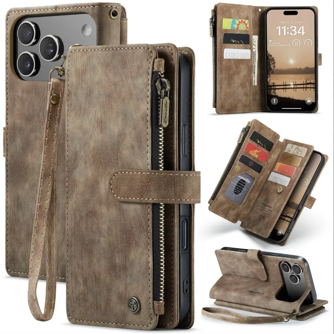 CaseMe iPhone 17 Pro Wallet Rits Book Case - Bruin
