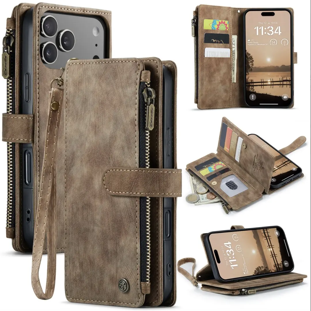 CaseMe iPhone 17 Pro Wallet Rits Book Case - Bruin