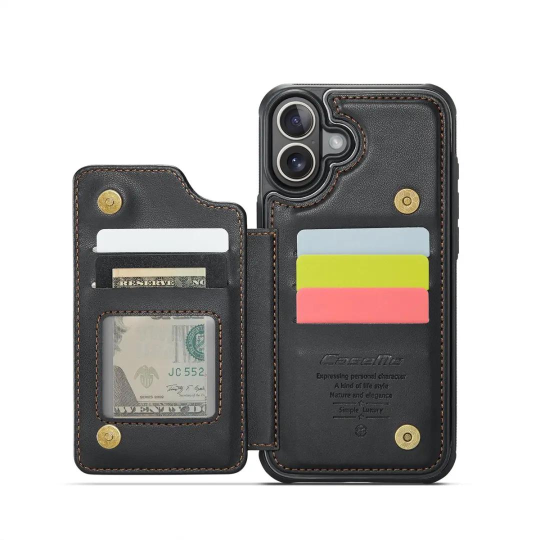 CaseMe iPhone 16 Plus Wallet Back Cover - PU Leer - 4 Pasjes - Zwart