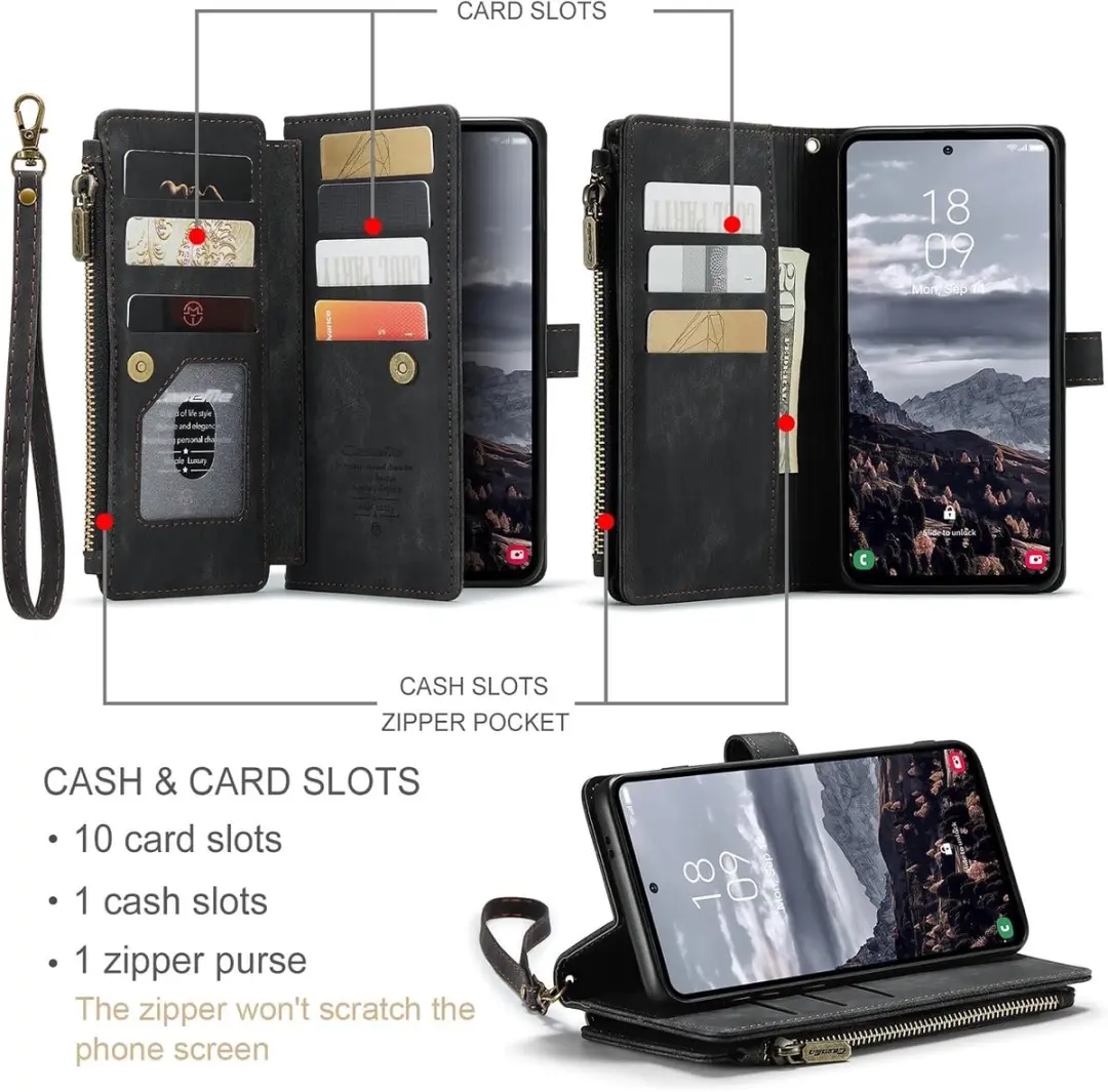 Caseme Wallet Rits Book Case Samsung Galaxy S24 Plus - PU Leer - 10 Pasjes - Zwart