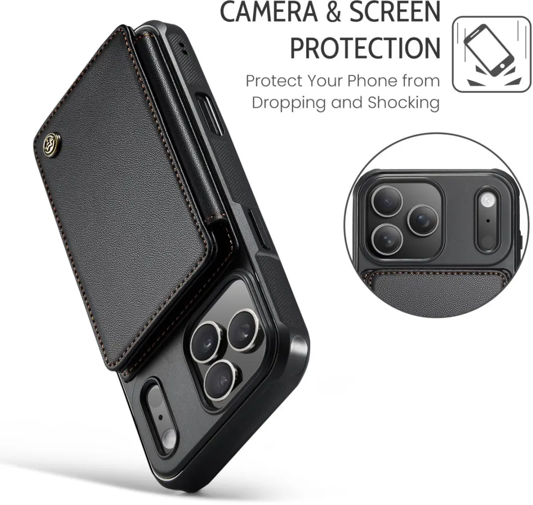 Caseme iPhone 17 Pro Max Wallet Back Cover - PU Leer - 4 Pasjes - Zwart - afbeelding 6 van 6