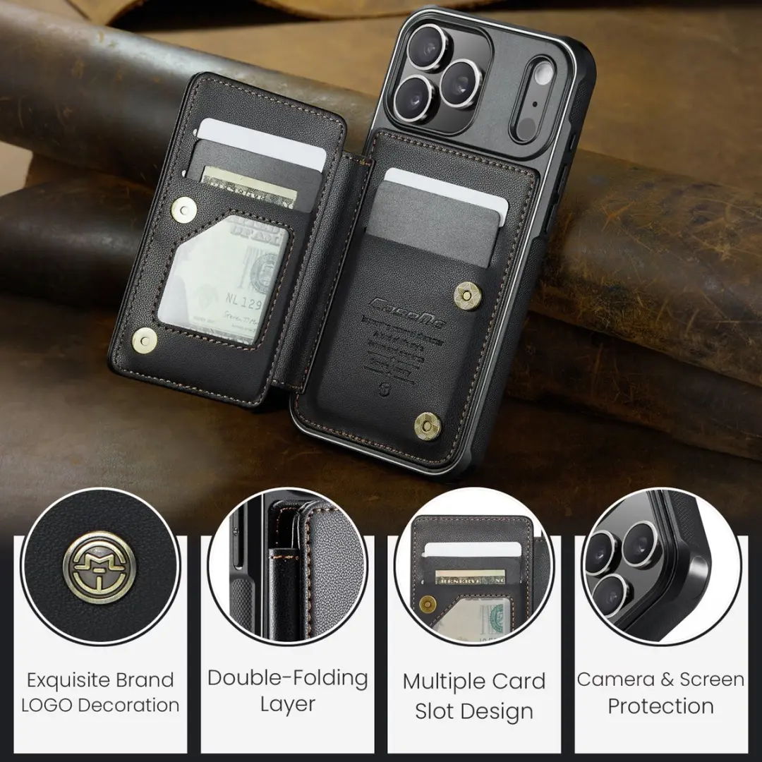 Caseme iPhone 17 Pro Max Wallet Back Cover - PU Leer - 4 Pasjes - Zwart