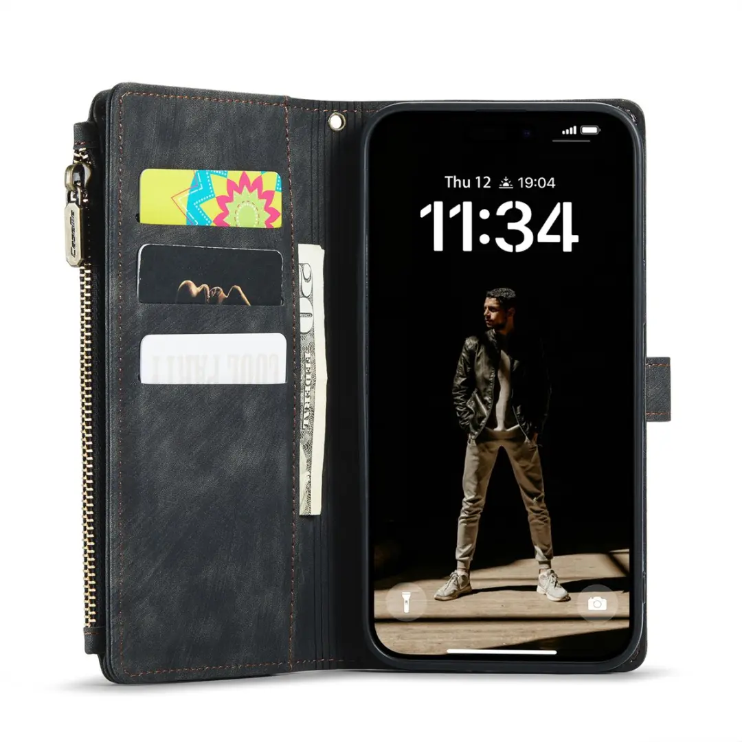 CaseMe iPhone 16 Plus Wallet Rits Book Case - PU Leer - Zwart