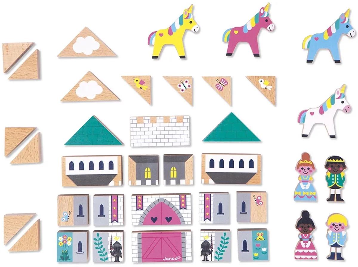 Janod Cross Roads Het Betoverde Koninkrijk Bouwset 37-delig - 29 Blokken, 4 Personages, 4 Unicorns