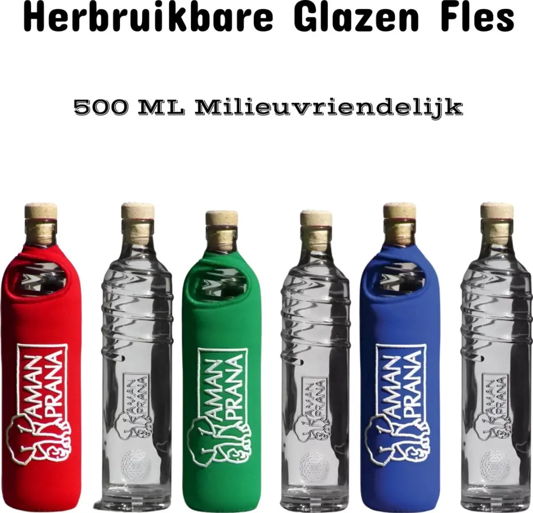 Aman Prana Waterfles Glas 500ml - 3 Stuks - Rood/Blauw/ Groen