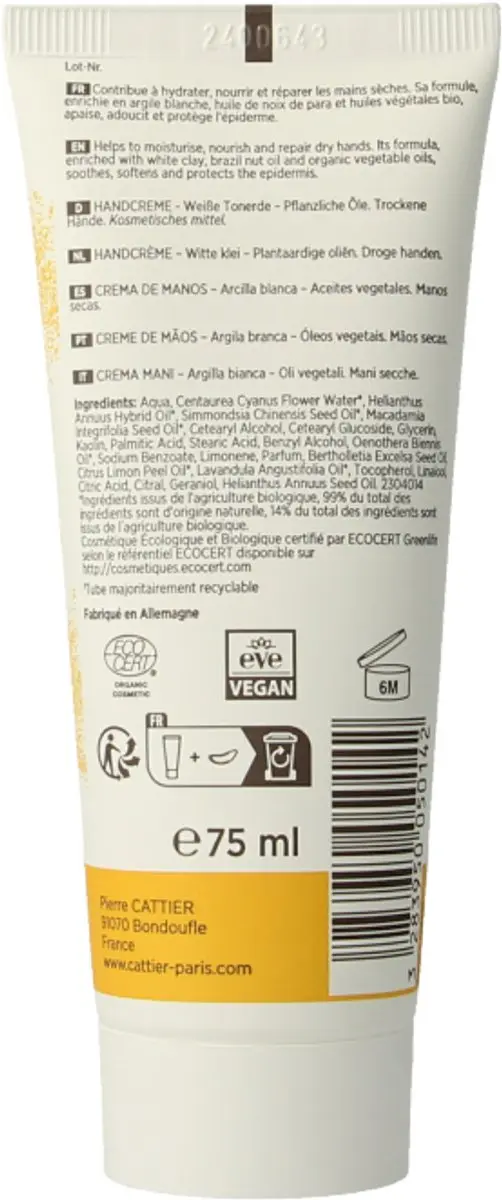 Cattier Handcreme Witte Klei 75ml