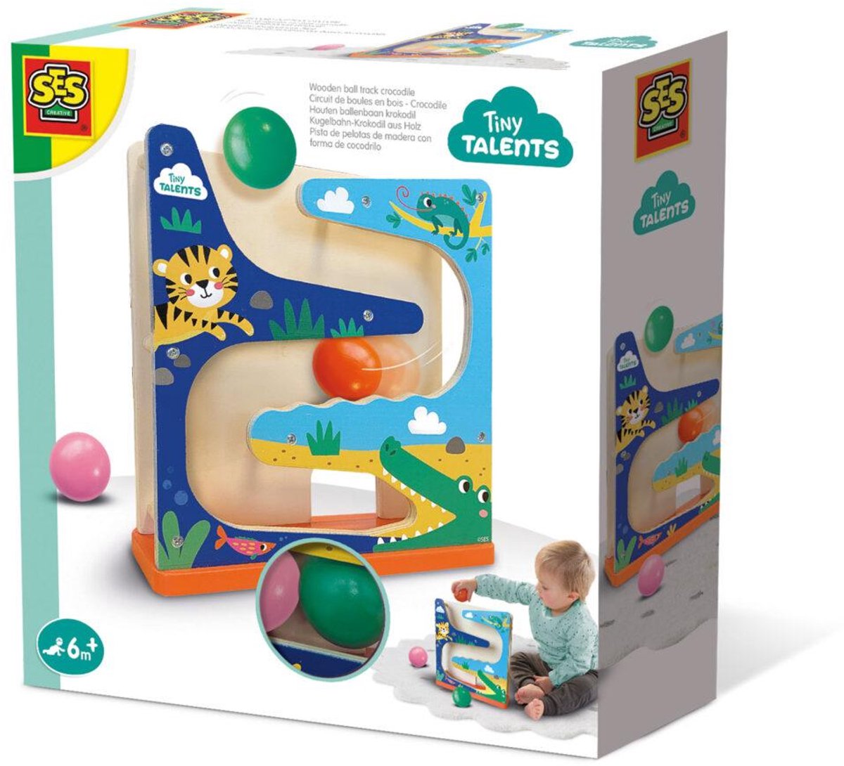 SES Creative - Tiny Talents - Houten ballenbaan krokodil – educatief speelgoed - met drie grote bedrukte ballen – vanaf 6 maanden