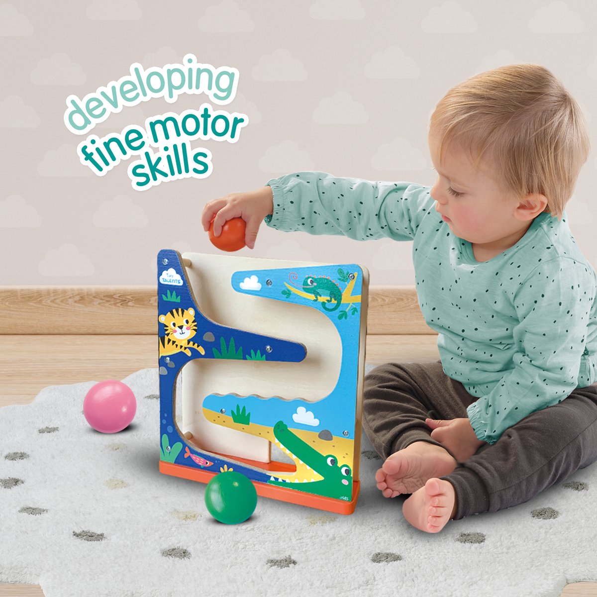 SES Creative - Tiny Talents - Houten ballenbaan krokodil – educatief speelgoed - met drie grote bedrukte ballen – vanaf 6 maanden