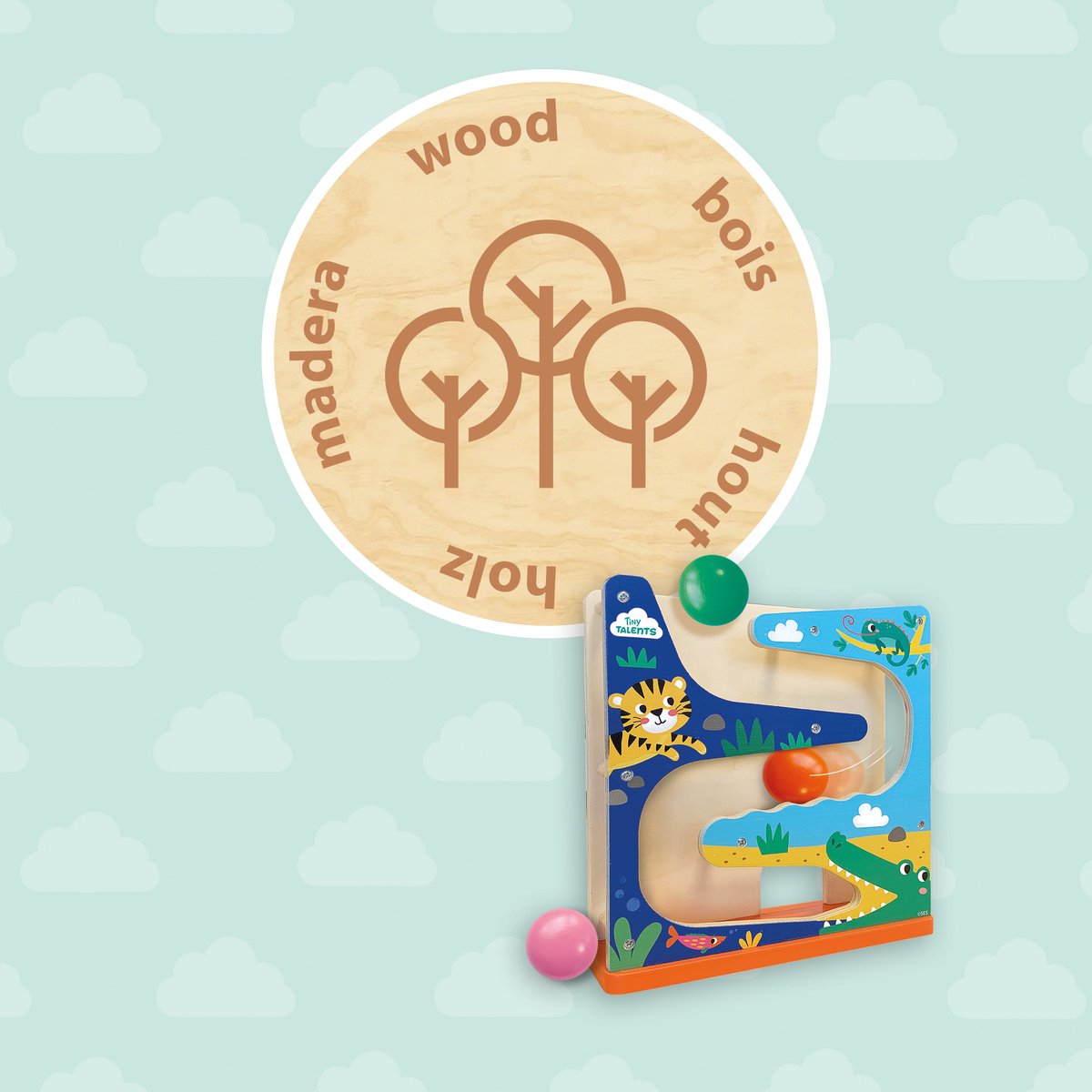 SES Creative - Tiny Talents - Houten ballenbaan krokodil – educatief speelgoed - met drie grote bedrukte ballen – vanaf 6 maanden