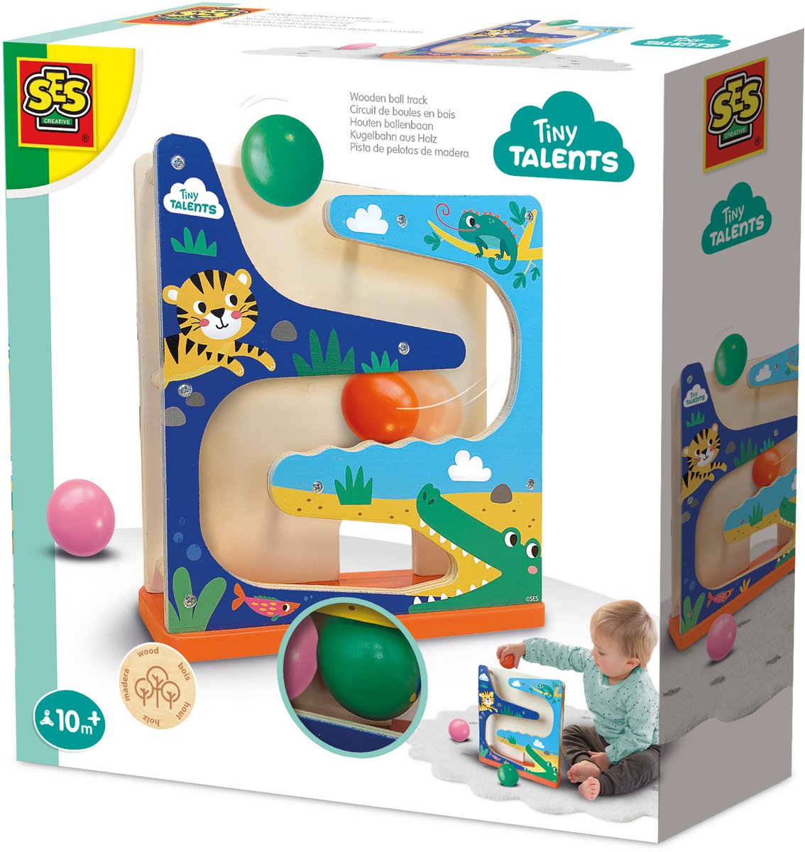 SES Creative - Tiny Talents - Houten ballenbaan krokodil – educatief speelgoed - met drie grote bedrukte ballen – vanaf 6 maanden