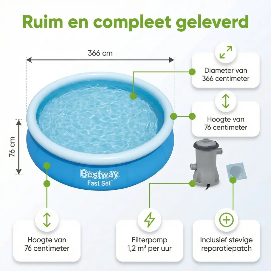 Bestway Fast Set Rond Zwembad 366x76cm - Blauw - 7-delig