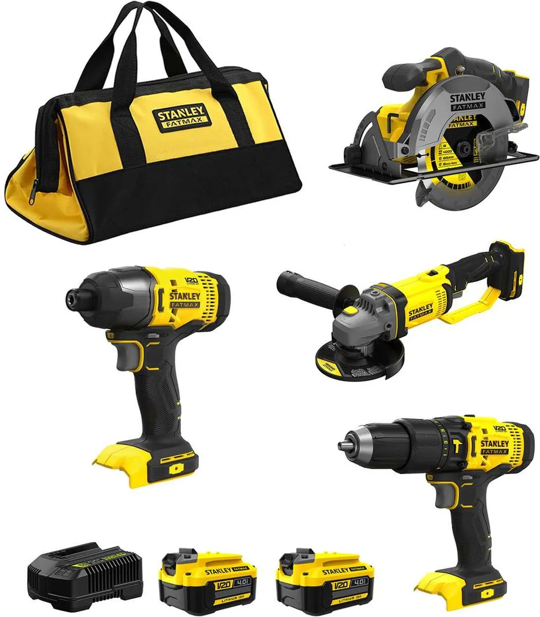 Stanley 18V Gereedschapcombiset - Klopboor, Haakse Slijper, Zaag & Slagschroevendraaier - 2 Accu's