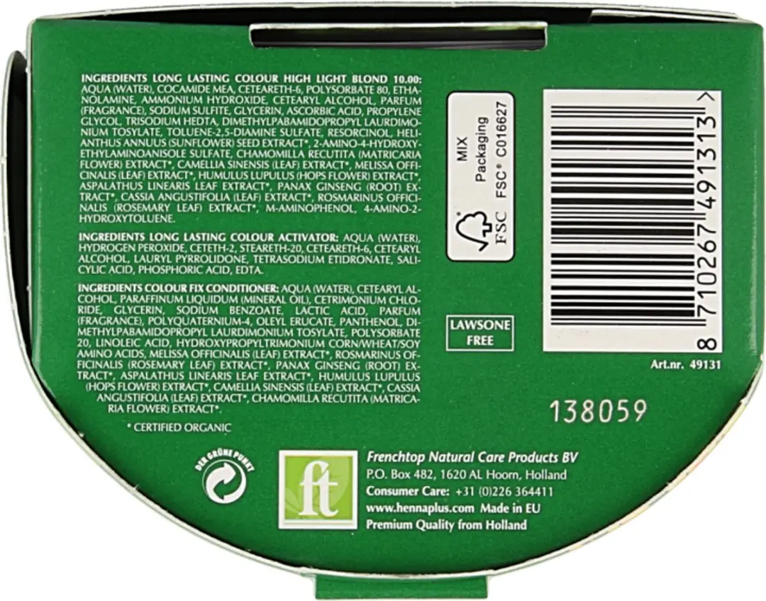Hennaplus Long Lasting Colours 10.0 High Light Blond Haarverf - 100mg - Groen