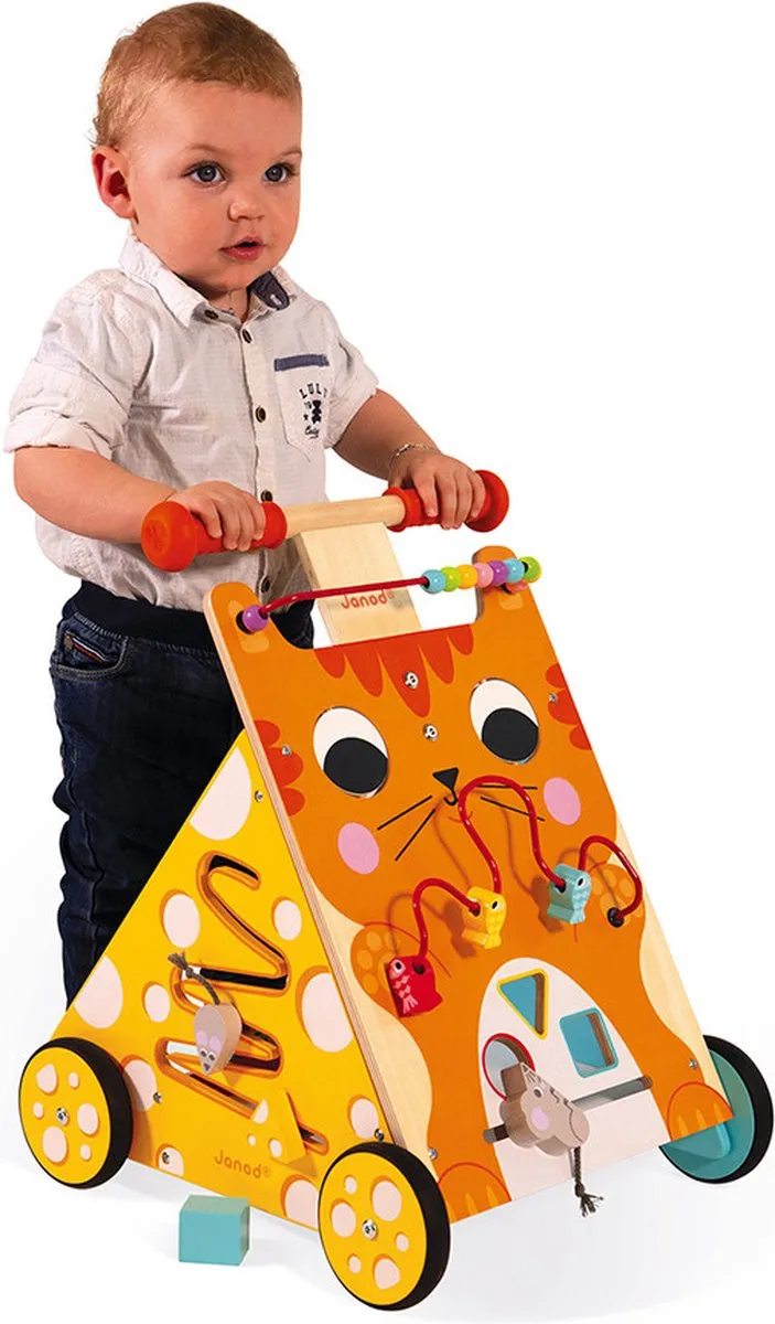 Janod Multi-Activiteiten Loopwagen Kat - 8 Activiteiten - Verstelbare Handgreep - Multi