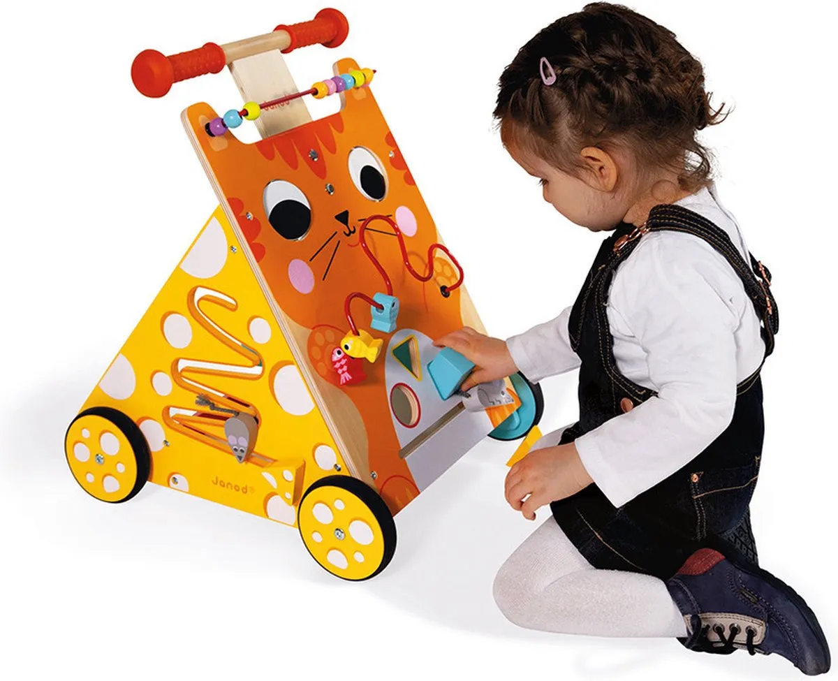 Janod Multi-Activiteiten Loopwagen Kat - 8 Activiteiten - Verstelbare Handgreep - Multi