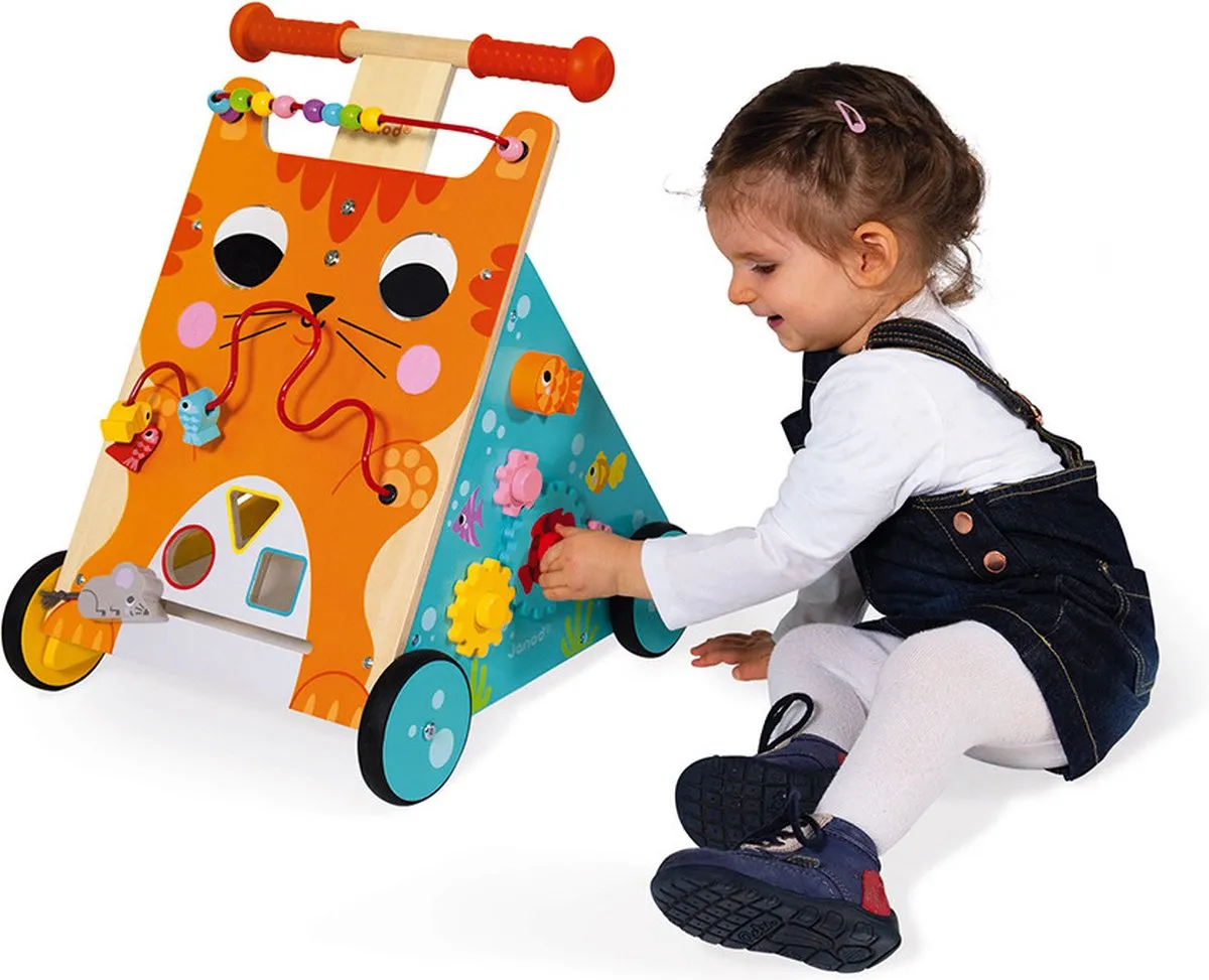 Janod Multi-Activiteiten Loopwagen Kat - 8 Activiteiten - Verstelbare Handgreep - Multi