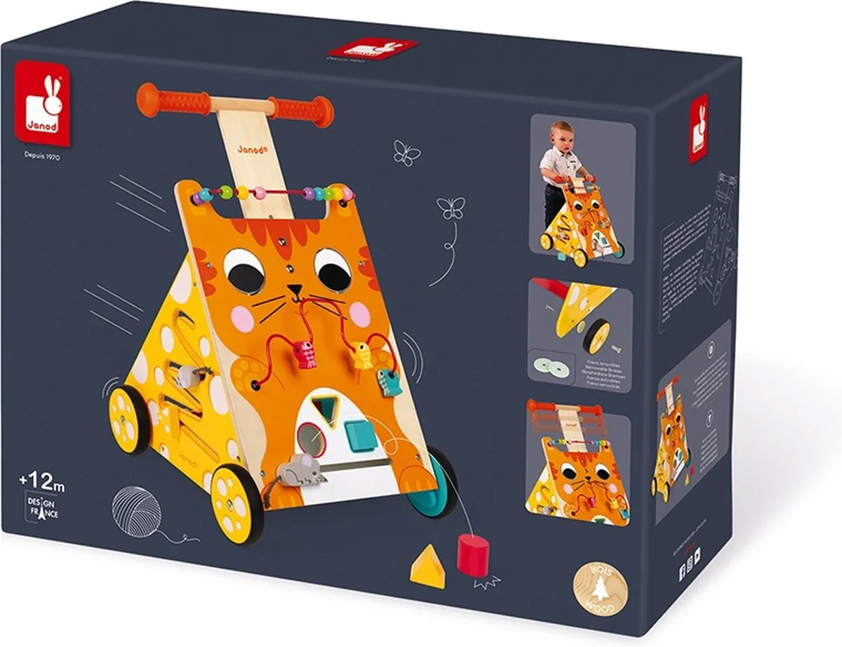 Janod Multi-Activiteiten Loopwagen Kat - 8 Activiteiten - Verstelbare Handgreep - Multi