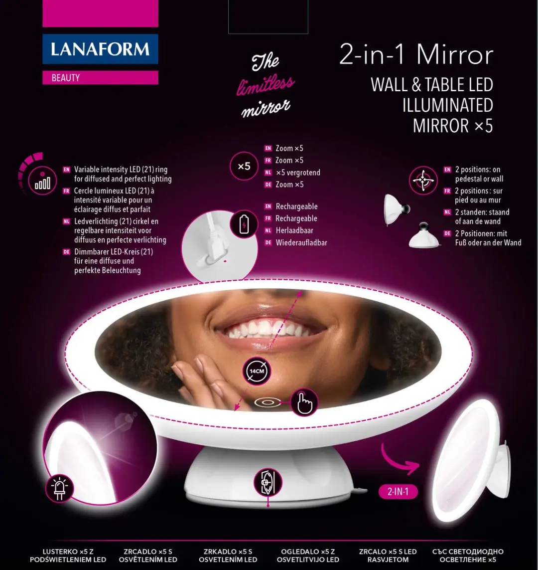 Lanaform 2-in-1 Mirror Make-up Spiegel Verlichting 14cm - X5 Vergroting - Wit