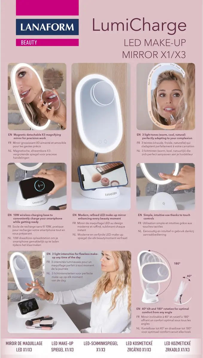 Lanaform LumiCharge LED Make-upspiegel 10W - Magnetisch 3x Vergroten - Draadloos Oplaadstation - Wit - afbeelding 6 van 6