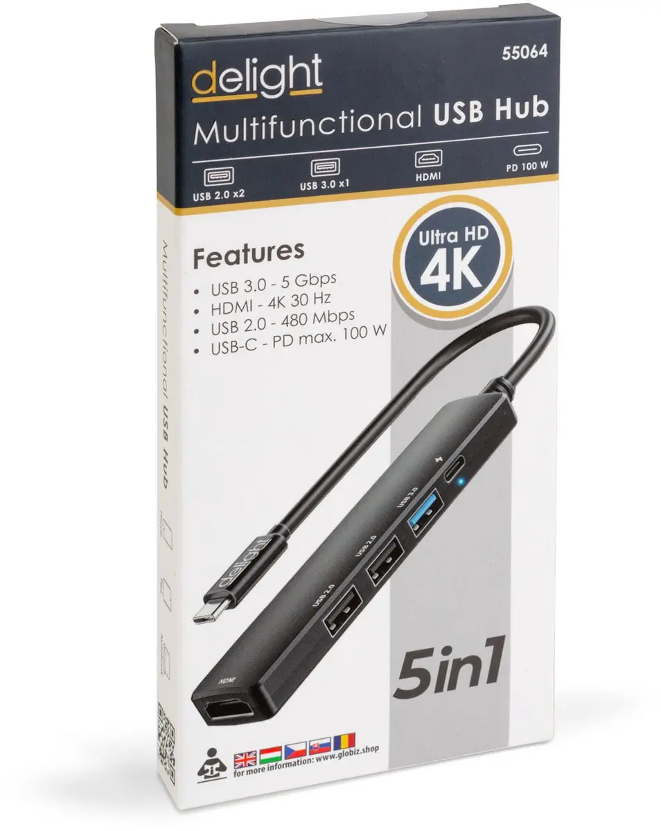 Delight USB-C Hub 55064 - HDMI 4K 3x USB-A 1x USB-C 100W PD - 5Gbps - Zwart