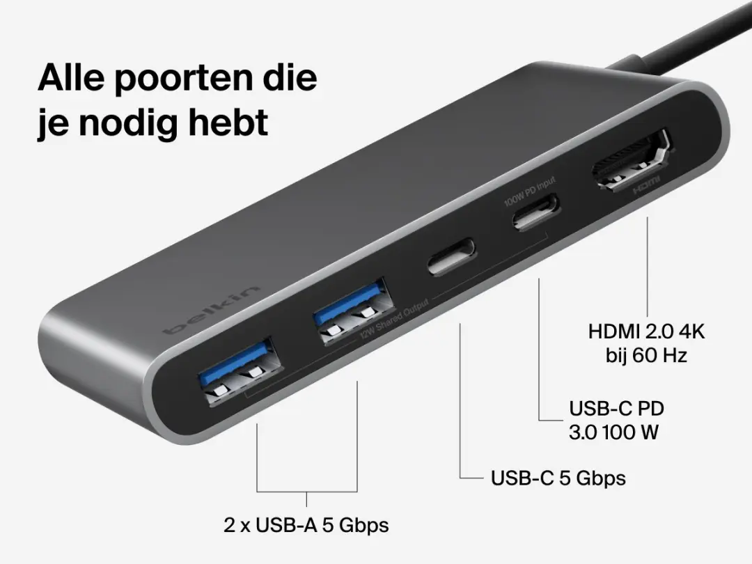 Belkin Connect 5-in-1 USB-C Hub AVC022HQSGY - 4K 60Hz HDMI - 100W PD - Grijs