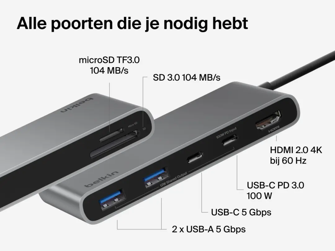 Belkin Connect 7-in-1 USB-C Hub AVC023HQSGY - 4K 60Hz HDMI - 100W PD - Grijs