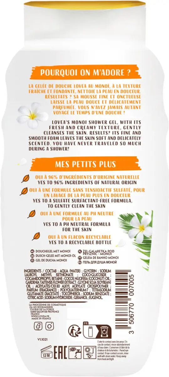 Lovea Sulfaatvrije Douchegel Monoï 400ml