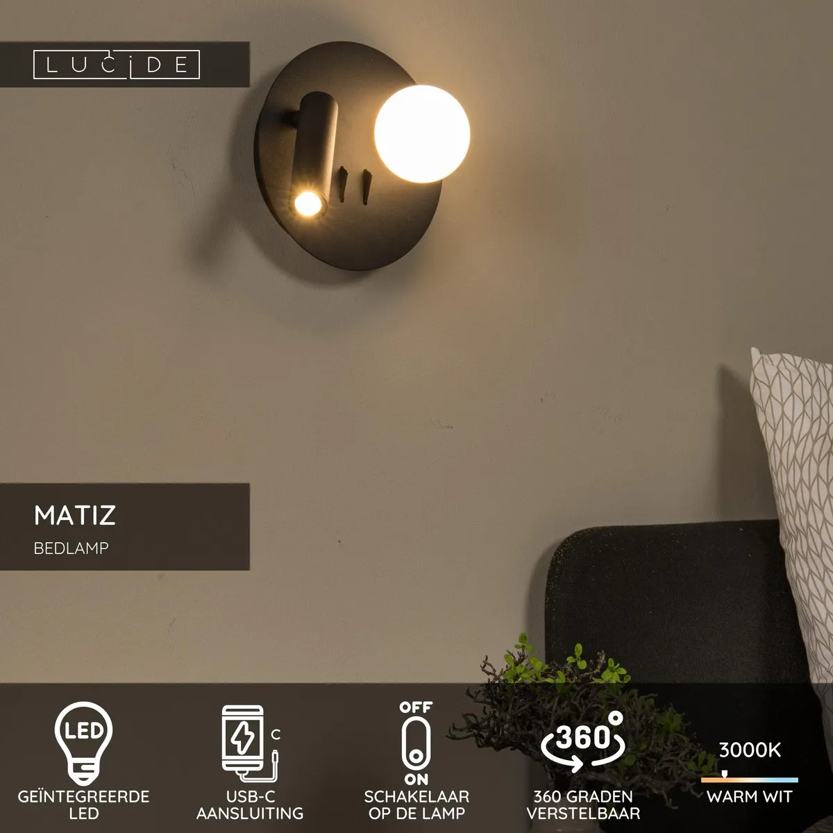 Lucide Matiz Bedlamp/Wandlamp 16,5cm - Zwart