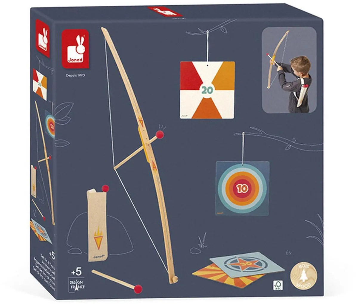 Janod Houten Boogschietset J03172 - 3 Pijlen - 4 Doelen - Bruin/Rood