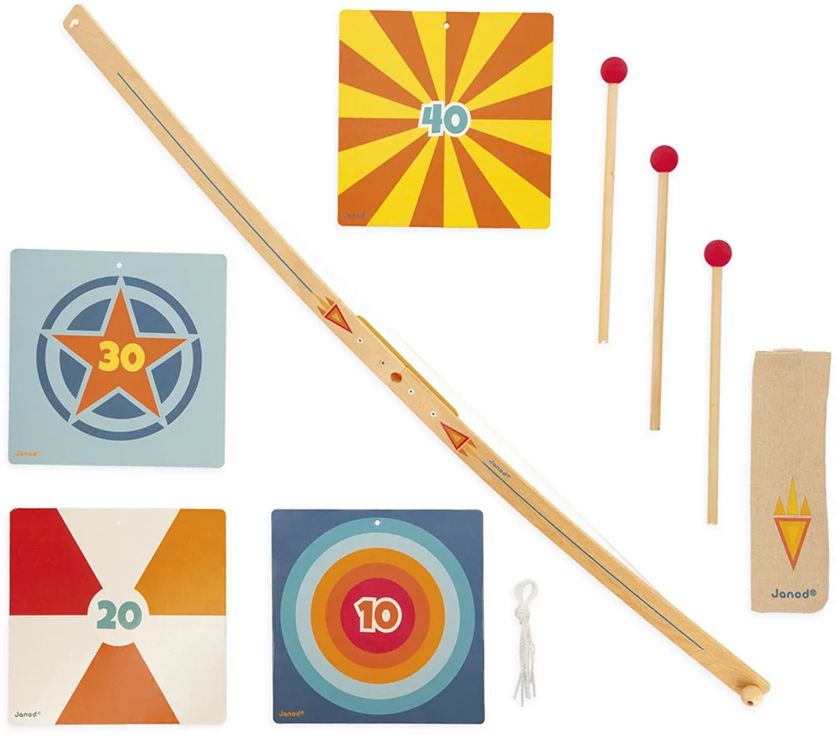 Janod Houten Boogschietset J03172 - 3 Pijlen - 4 Doelen - Bruin/Rood