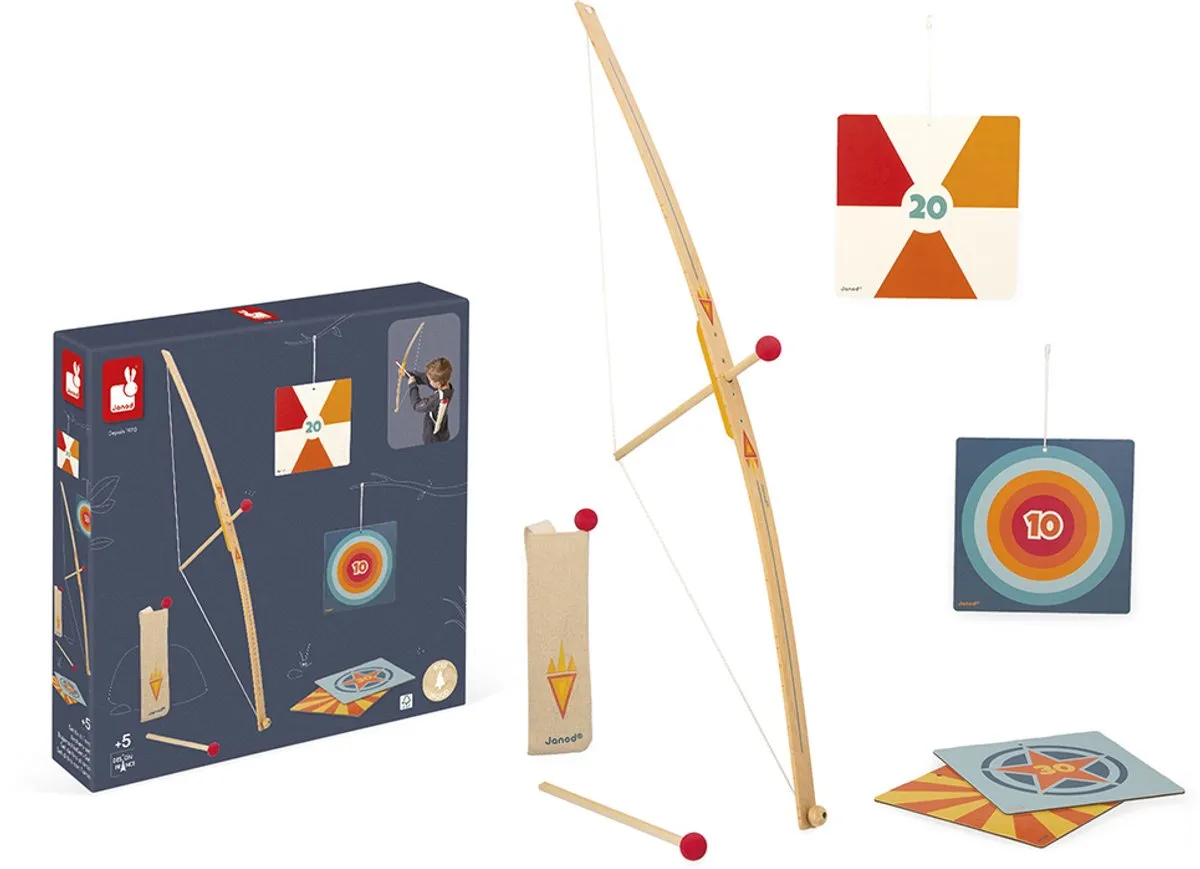 Janod Houten Boogschietset J03172 - 3 Pijlen - 4 Doelen - Bruin/Rood