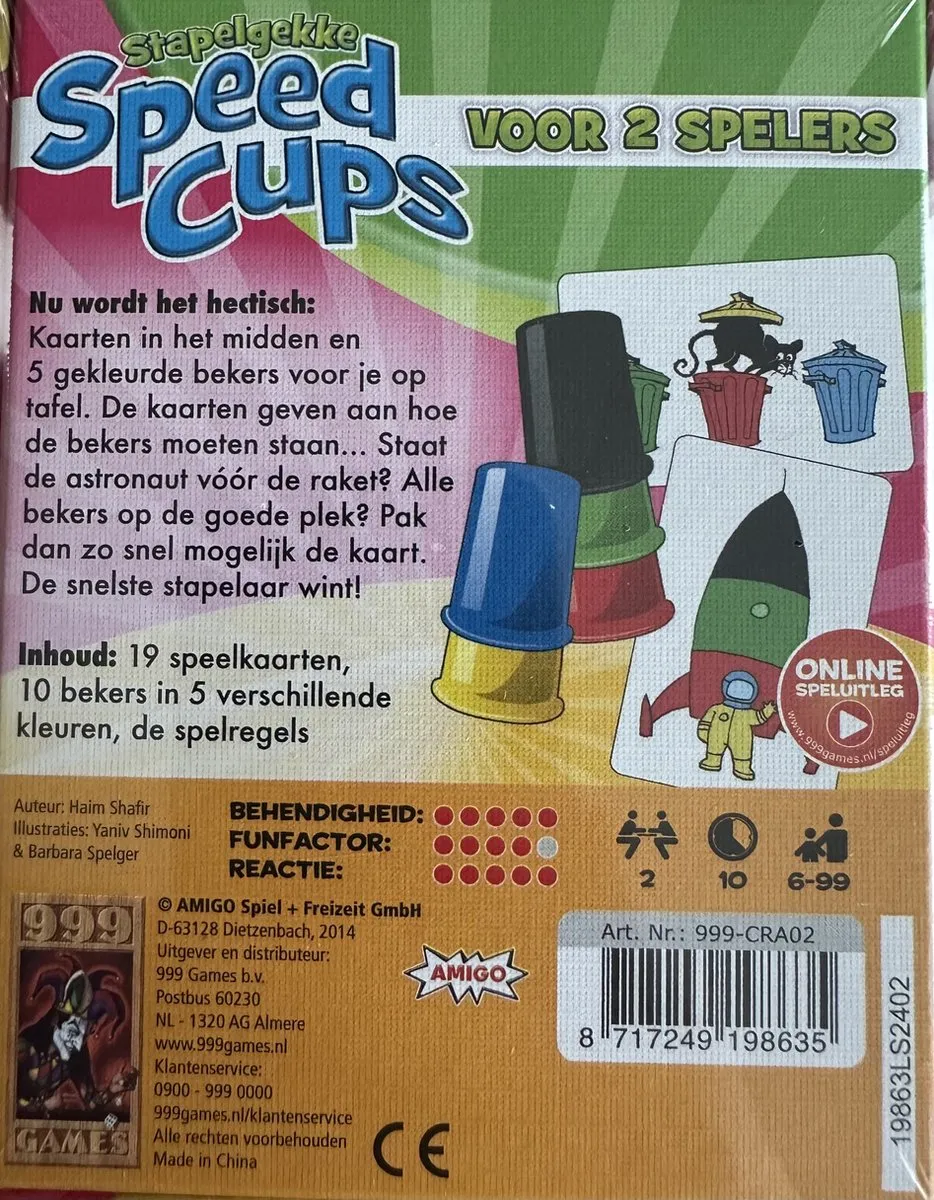 999 Games Stapelgekke Speed Cups Actiespel 2 Spelers - 999-CRA02