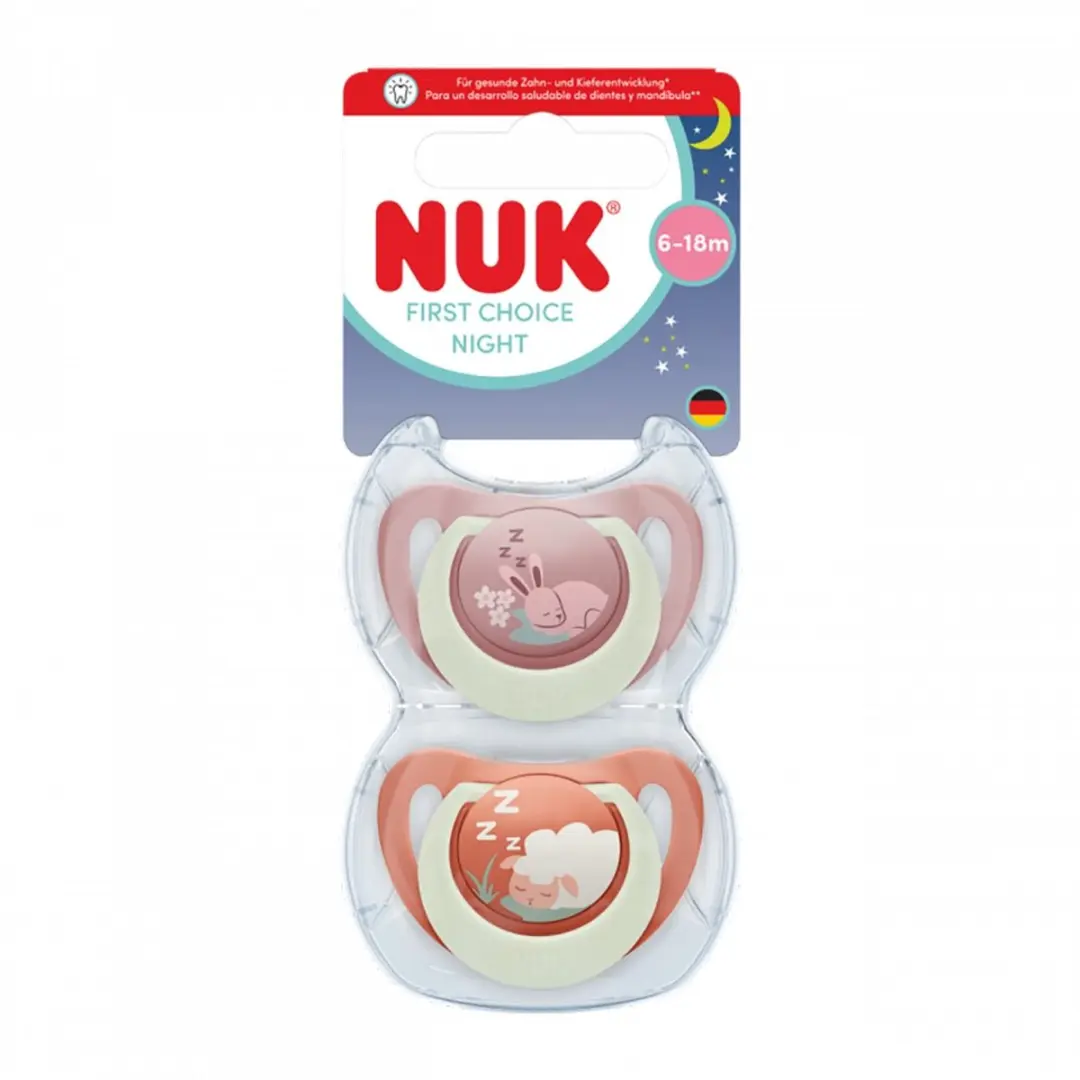 NUK First Choice Night Fopspeen 0-6m Siliconen - 2 Stuks - Roze