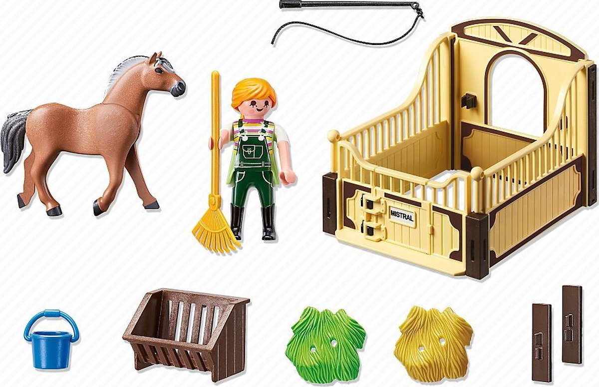 Fjordenpaard met bruin-gele paardenbox / Cheval Fjord et monitrice