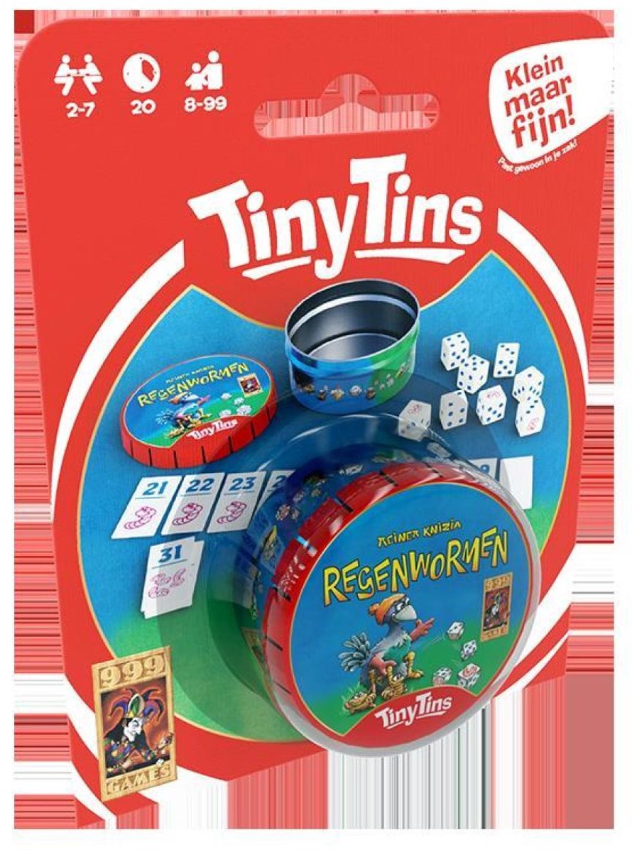 999 Games - Tiny Tins - Regenwormen - Dobbelspel - De complete dobbelklassieker Regenwormen in een piepklein blikje - Reisspel - Familiespel - Klein cadeautje