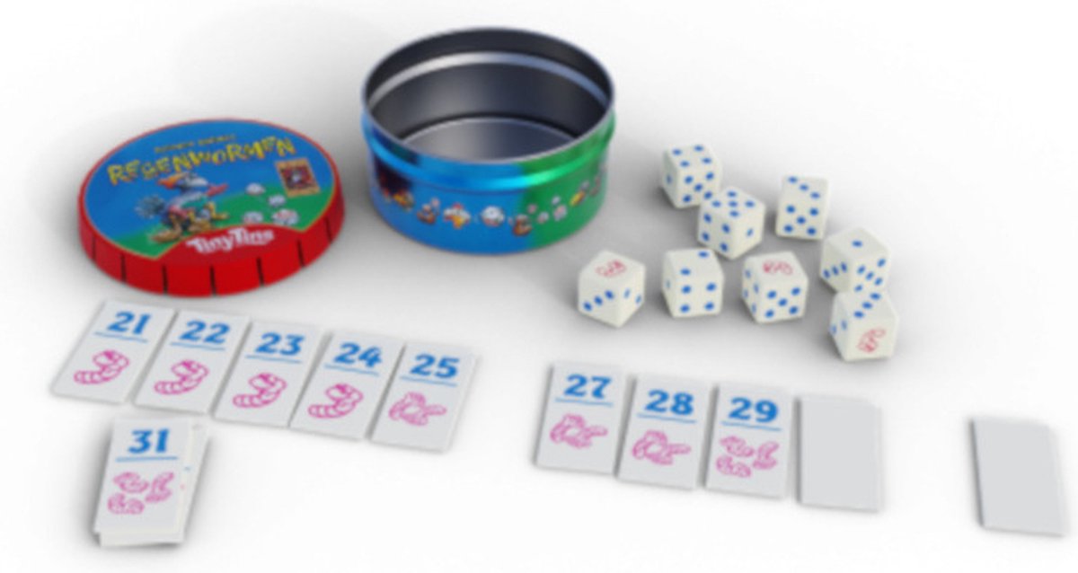999 Games - Tiny Tins - Regenwormen - Dobbelspel - De complete dobbelklassieker Regenwormen in een piepklein blikje - Reisspel - Familiespel - Klein cadeautje