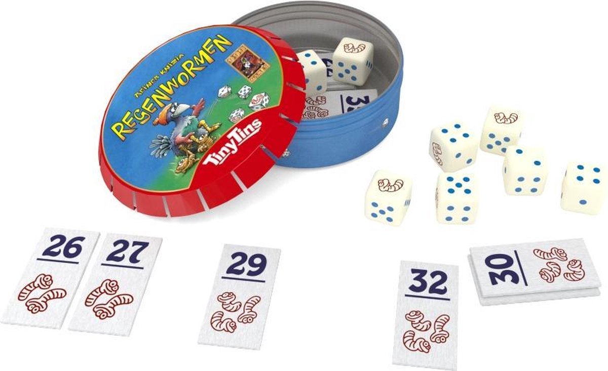 999 Games - Tiny Tins - Regenwormen - Dobbelspel - De complete dobbelklassieker Regenwormen in een piepklein blikje - Reisspel - Familiespel - Klein cadeautje
