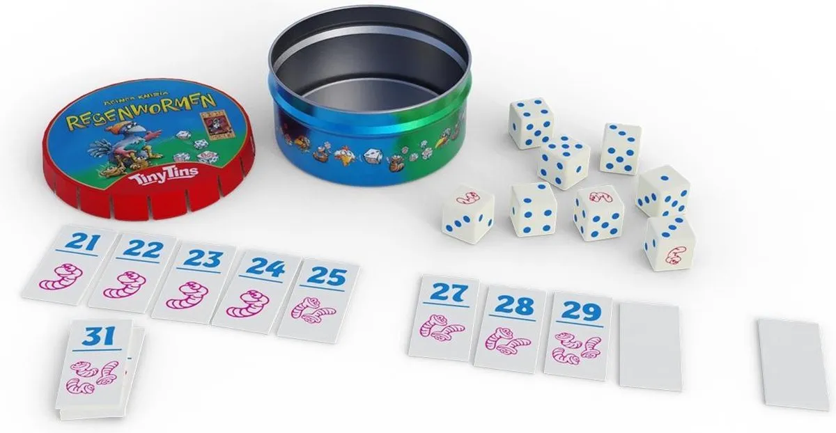 999 Games Regenwormen Tiny Tins - Dobbelspel - 16 Tegels - 8 Dobbelstenen - Multicolor