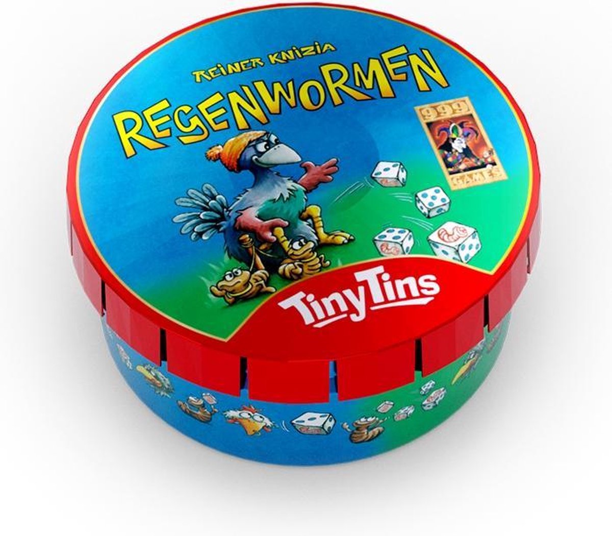 999 Games - Tiny Tins - Regenwormen - Dobbelspel - De complete dobbelklassieker Regenwormen in een piepklein blikje - Reisspel - Familiespel - Klein cadeautje